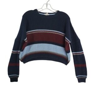 Clover + Scout Cropped Sweater Womens M Striped Knit Pullover Casual Blue Maroon